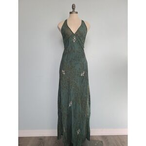 VTG Victoria's Secret L 100% Silk Slip Babydoll Green Leopard Beaded Fairy Y2K